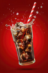 Glass of dark cola with ice cubes and red-white striped straw splashing against vibrant red radial background