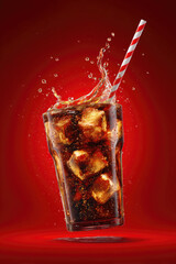 Dynamic splash of dark soda with ice cubes and striped straw on a vibrant red background