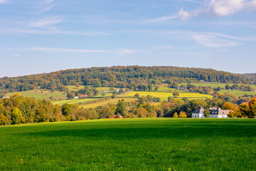 Autumn landscape, Terrain hilly countryside in Zuid-Limburg with a small villages on the hillside,...