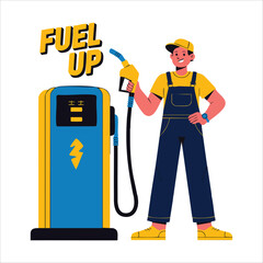 gas station attendant in yellow cap blue uniform vector art isolated white