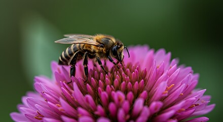Bee perched on a vibrant pink flower pollinating in a natural environment