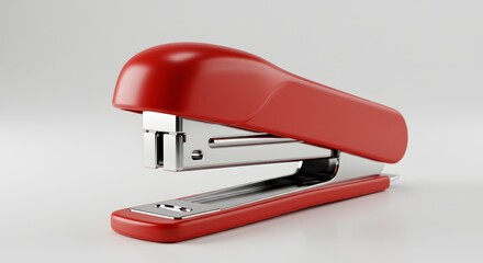 Close up of a red stapler on a white background for office supplies