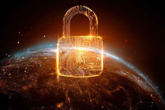 Glowing Padlock Over Digital Globe for Cybersecurity and Data Protection