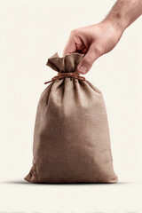 Hand holding a tightly tied burlap sack filled with money or goods against a light background