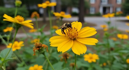 Bee pollinating bright yellow wildflowers in a natural outdoor garden setting