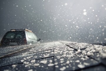 Hailstorm Ice Pellets Striking Car Roof Shingles Damage