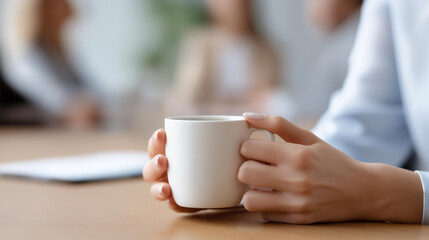 Hands holding coffee mug with defocused office meeting background, faceless business scene, workplace beverage detail, professional gathering blur, meeting room atmosphere, office