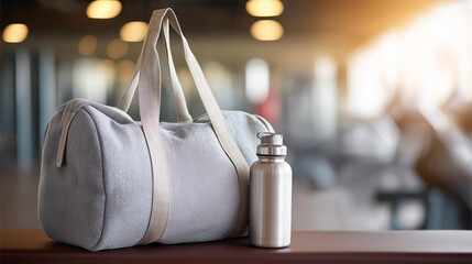 Gym bag and water bottle with defocused fitness class, faceless workout essentials, athletic gear detail, training preparation foreground, blurred exercise background, fitness life
