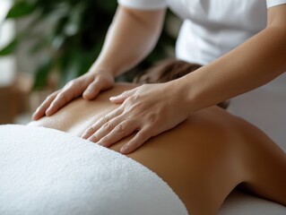 Naklejka premium Adult woman giving relaxing massage in spa during daytime