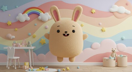 Cartoon bunny in a colorful nursery with rainbow and clouds background