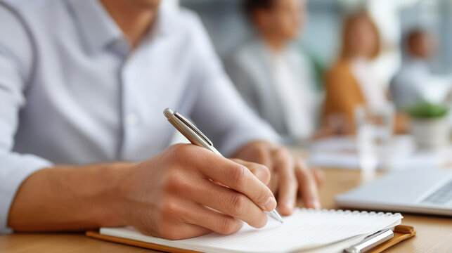 Hands writing notes during meeting with defocused conference room, faceless business documentation, note-taking detail closeup, professional meeting moment, blurred office gatherin - Powered by Adobe