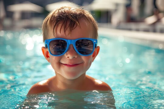 Happy Boy in Blue Sunglasses Enjoying Sunny Pool Day