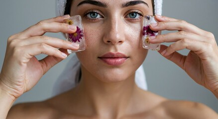 Woman applies ice cubes with frozen flowers under her eyes. Natural skincare technique for beauty and anti-aging at home. Rejuvenating facial treatment.