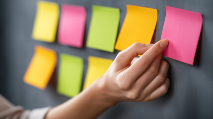 Hands arranging colorful post-it notes on board, faceless organization activity, visual planning detail, idea categorization closeup, workflow optimization focus, brainstorming too