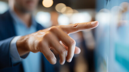 Hands pointing at presentation screen with defocused audience, faceless business presentation, teaching gesture detail, information sharing closeup, blurred meeting attendees backg