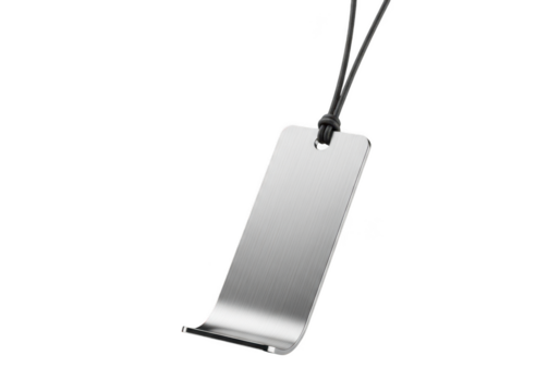 Sleek silver metal bookmark with a thin black cord isolated on transparent background