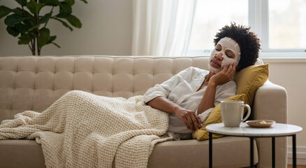 African american woman relaxing on sofa with sheet face mask. Self care and beauty treatment at home. Skincare and wellness lifestyle concept.