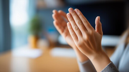 Hands applauding with defocused presentation screen, faceless celebration gesture, applause detail closeup, success acknowledgment moment, blurred office background, achievement at
