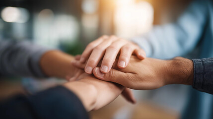 Multiple hands in center huddle with defocused office, faceless team motivation, unity gesture detail, collaboration symbol closeup, blurred workplace background, team spirit atmos