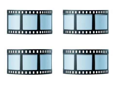 Four Curving Black Photographic Film Strips Isolated on Transparent Background Professional Presentation Visuals and Artistic Media Elements For Web Projects or Digital Creations