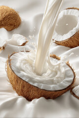 Creamy coconut milk pouring into half coconut shell on smooth white silk surface with scattered coconut pieces