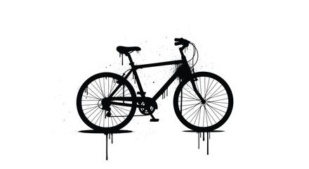 Fototapeta premium An abstract black silhouette of a mountain bike with a splatter paint effect over a white background.