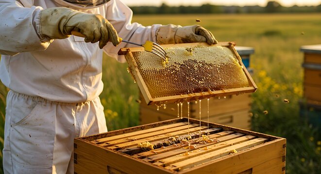 Beekeeper inspecting honeycomb frame outdoors in natural environment golden light