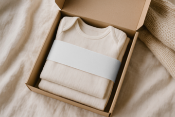 Minimalist baby clothing packaging mockup png, transparent design