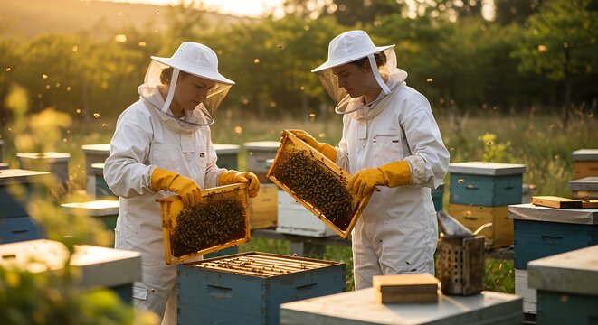 Beekeepers inspecting honeycomb frames outdoors on a sunny day near beehives - Powered by Adobe