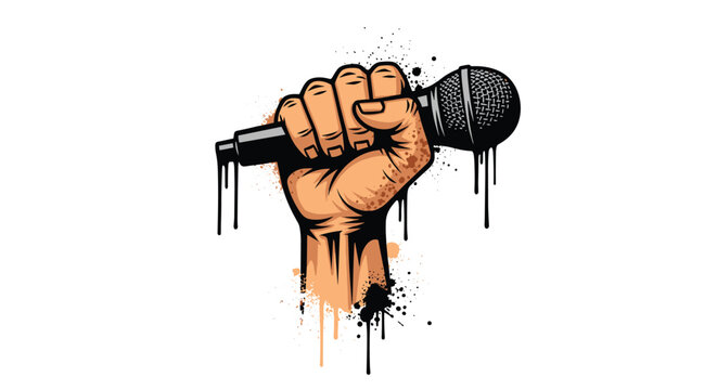 A powerful fist holding a retro microphone with dripping paint effects.