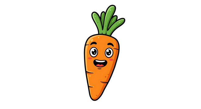 Cartoon carrot illustration with green top and smiling face on white background