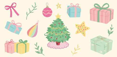 Holiday joy comes alive with colorful gifts and a cheerful Christmas tree in a charming hand-drawn style