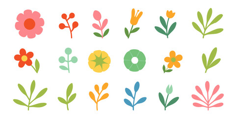 Fun and colorful hand-drawn flowers and leaves in a cheerful display for garden lovers and art enthusiasts