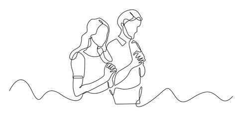 Continuous line art of a Christian couple praying together with faith and devotion. Minimalist one line drawing symbolizing hope, love, and spiritual connection in worship and unity before God.