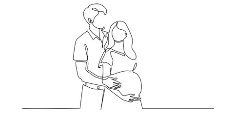 Continuous line of a pregnant couple embracing lovingly. Minimalist family illustration that symbolizes the role of parents, care, motherhood, and togetherness in a single line drawing.