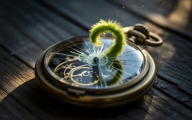A green mossy question mark grows from a broken pocket watch on a wooden surface
