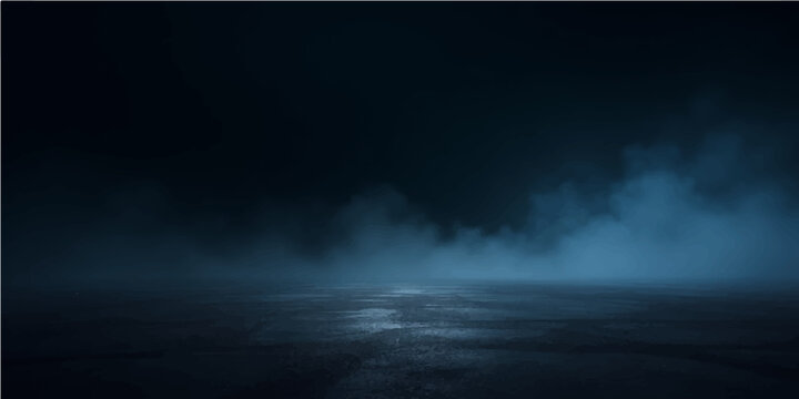 Mysterious dark forest with ethereal blue mist and shimmering moonlight on water