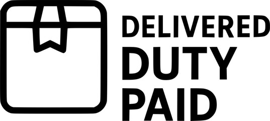 Delivered Duty Paid stamp, minimalist vector logo design, DDP customs free delivery label, duty-free shipping sign, clean typography badge for international trade and e-commerce