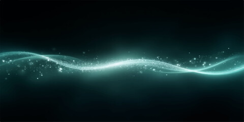 Abstract glowing teal wave of energy with particles on a dark background