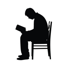 Silhouette of a person sitting on a chair reading a book against a plain white background scene