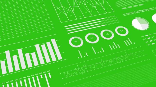 Statistics, financial market data, analysis and reports, numbers and graphs on green screen for chroma key.