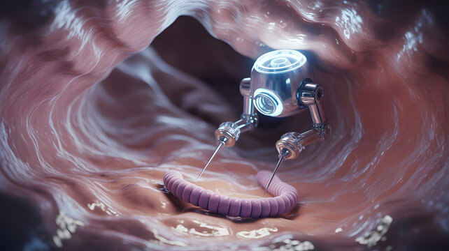 Microscopic Robot Attacking a Parasitic Worm Inside the Intestine