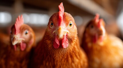 Three vibrant hens sit close together in their henhouse, surrounded by warm wood and straw, enjoying their safe and tranquil environment on an eco-friendly farm