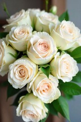 Cascading Bridal Bouquet with Dewdrops A detailed, close up shot of a luxurious cascading bridal bouquet. The bouquet is composed of pristine white roses, soft blush peonies, elegant lilies, and