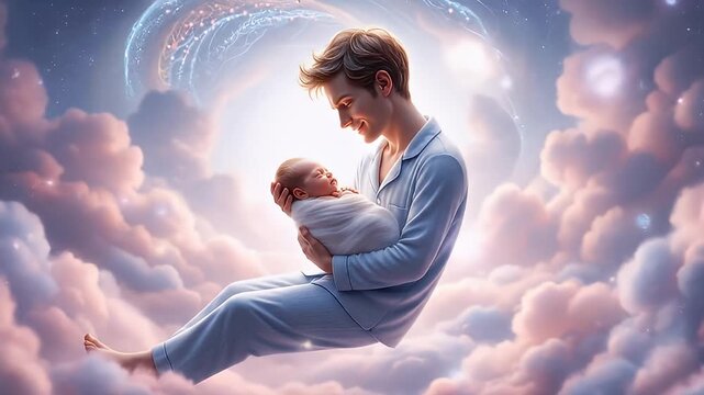 Celestial Dreamscape: A Loving Father Gently Cradles His Newborn Baby Floating Among Ethereal Clouds.