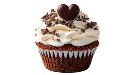 A cupcake with white frosting chocolate heart and chocolate bits on transparent background	