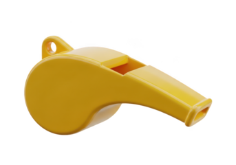 Bright yellow plastic sports whistle isolated on transparent background