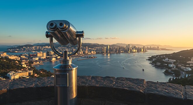 Binoculars on a scenic overlook overlooking a cityscape during sunset - Powered by Adobe