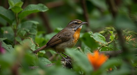 Bird perched amongst lush green foliage with orange and brown plumage