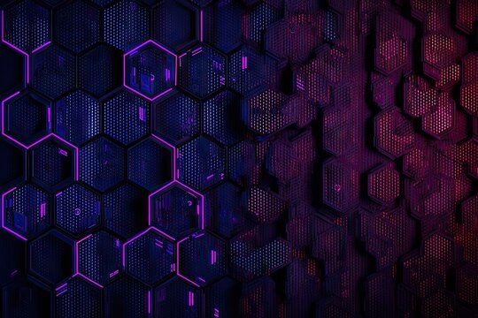 Abstract hexagonal grid with neon glow, blue-purple to red gradient